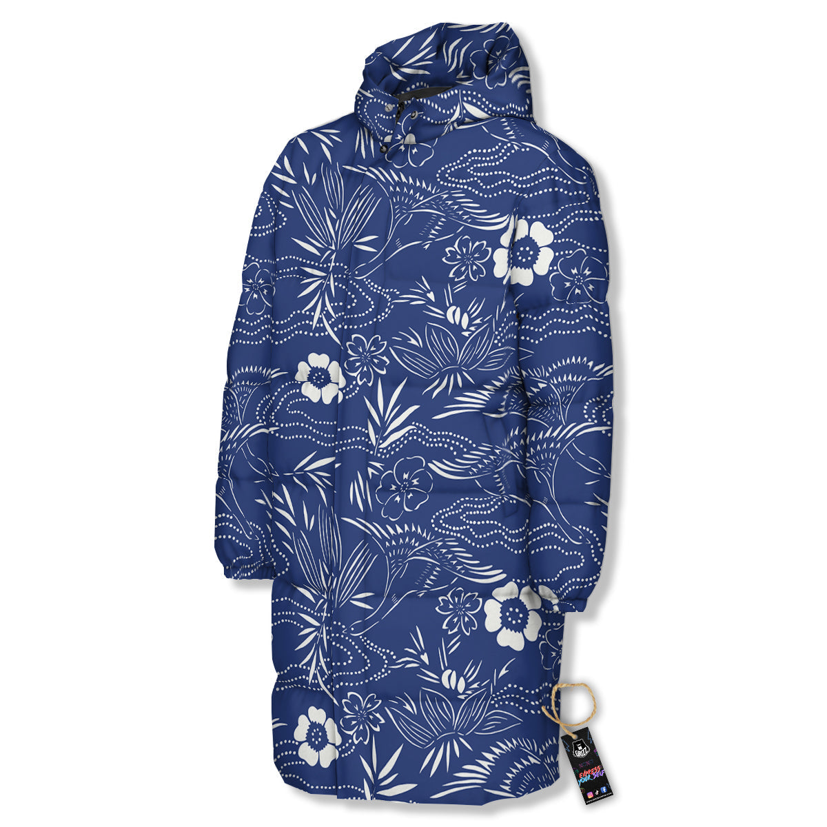 Japanese Vintage Print Pattern Long Down Jacket-grizzshop