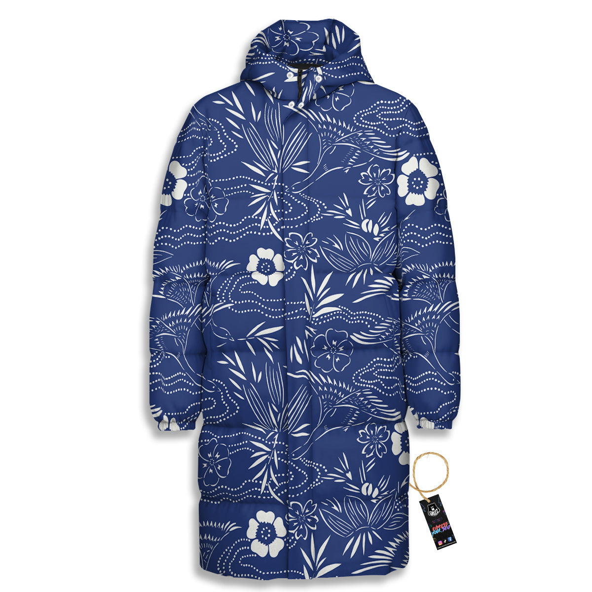 Japanese Vintage Print Pattern Long Down Jacket-grizzshop