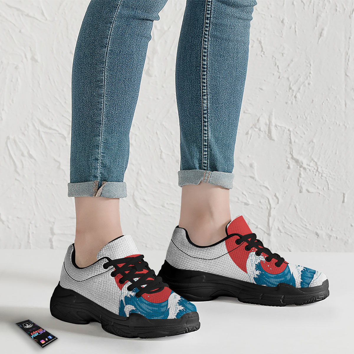 Japanese Wave And Vitage Sea Print Black Chunky Shoes-grizzshop