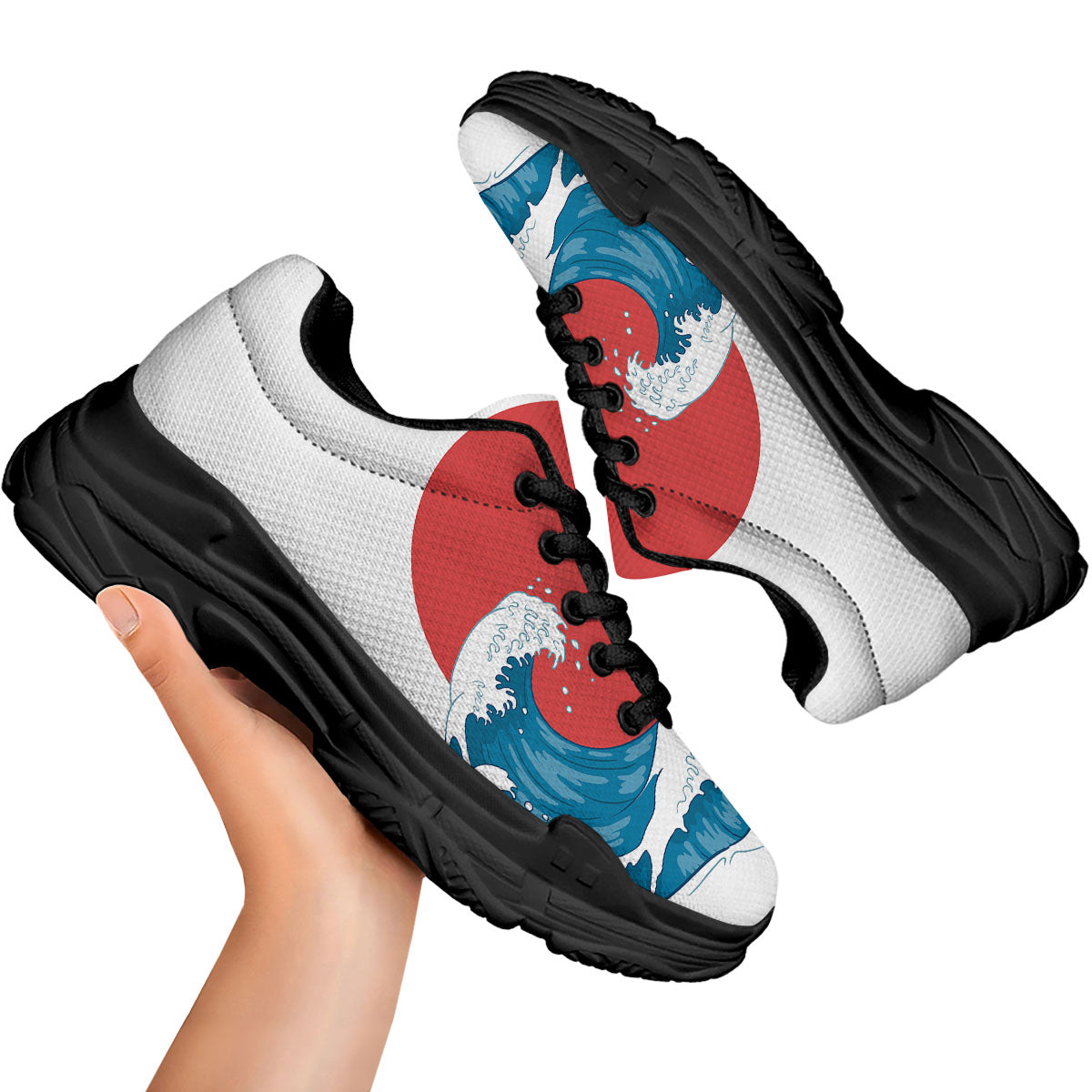 Japanese Wave And Vitage Sea Print Black Chunky Shoes-grizzshop