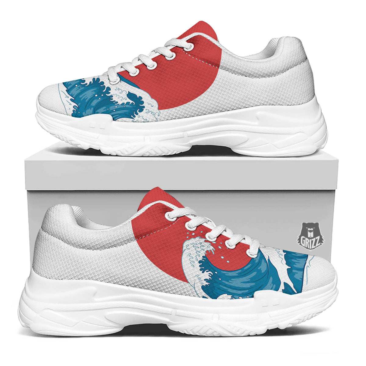 Japanese Wave And Vitage Sea Print White Chunky Shoes-grizzshop