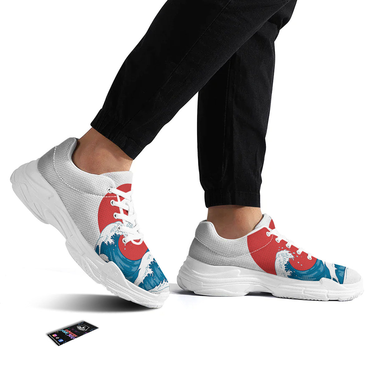 Japanese Wave And Vitage Sea Print White Chunky Shoes-grizzshop