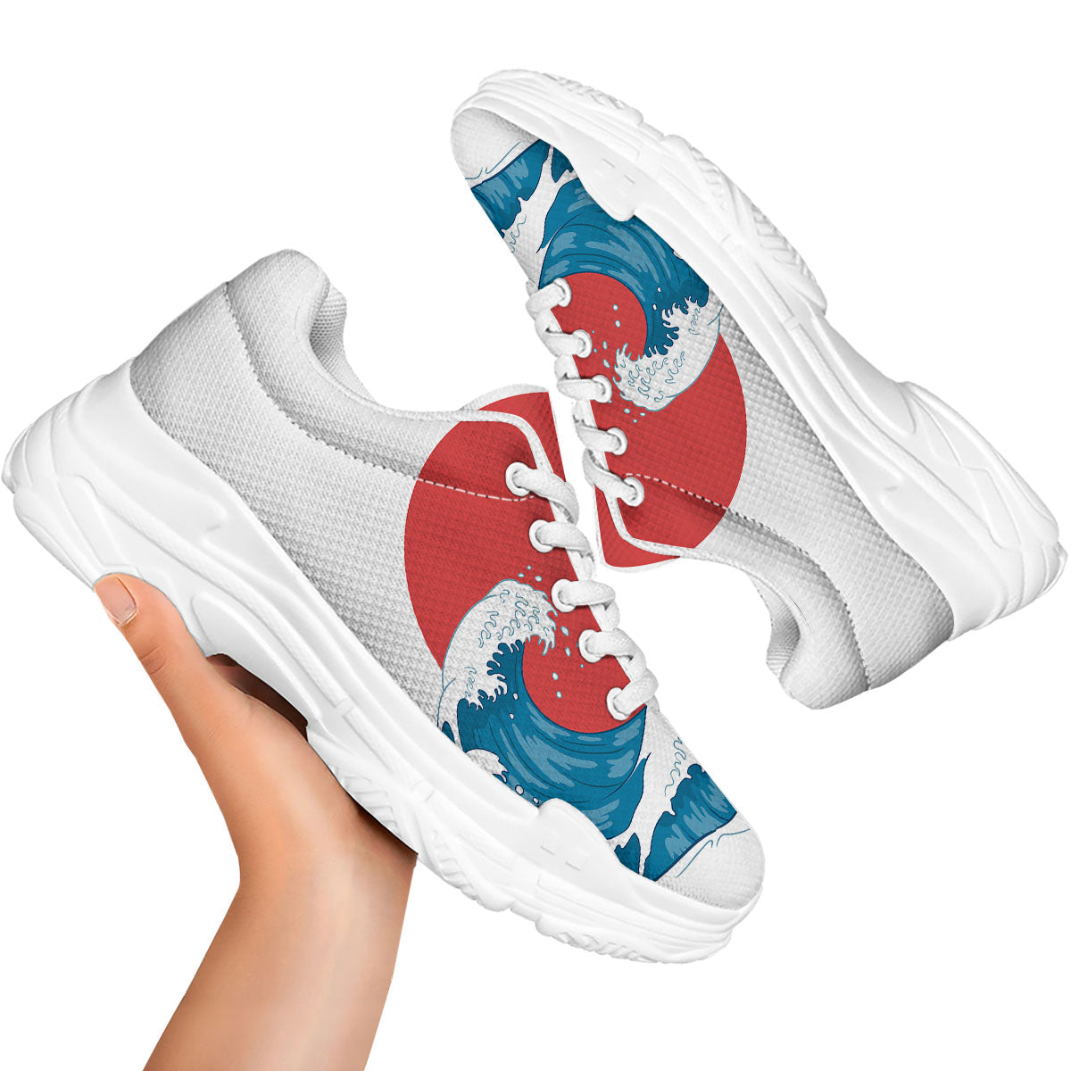 Japanese Wave And Vitage Sea Print White Chunky Shoes-grizzshop