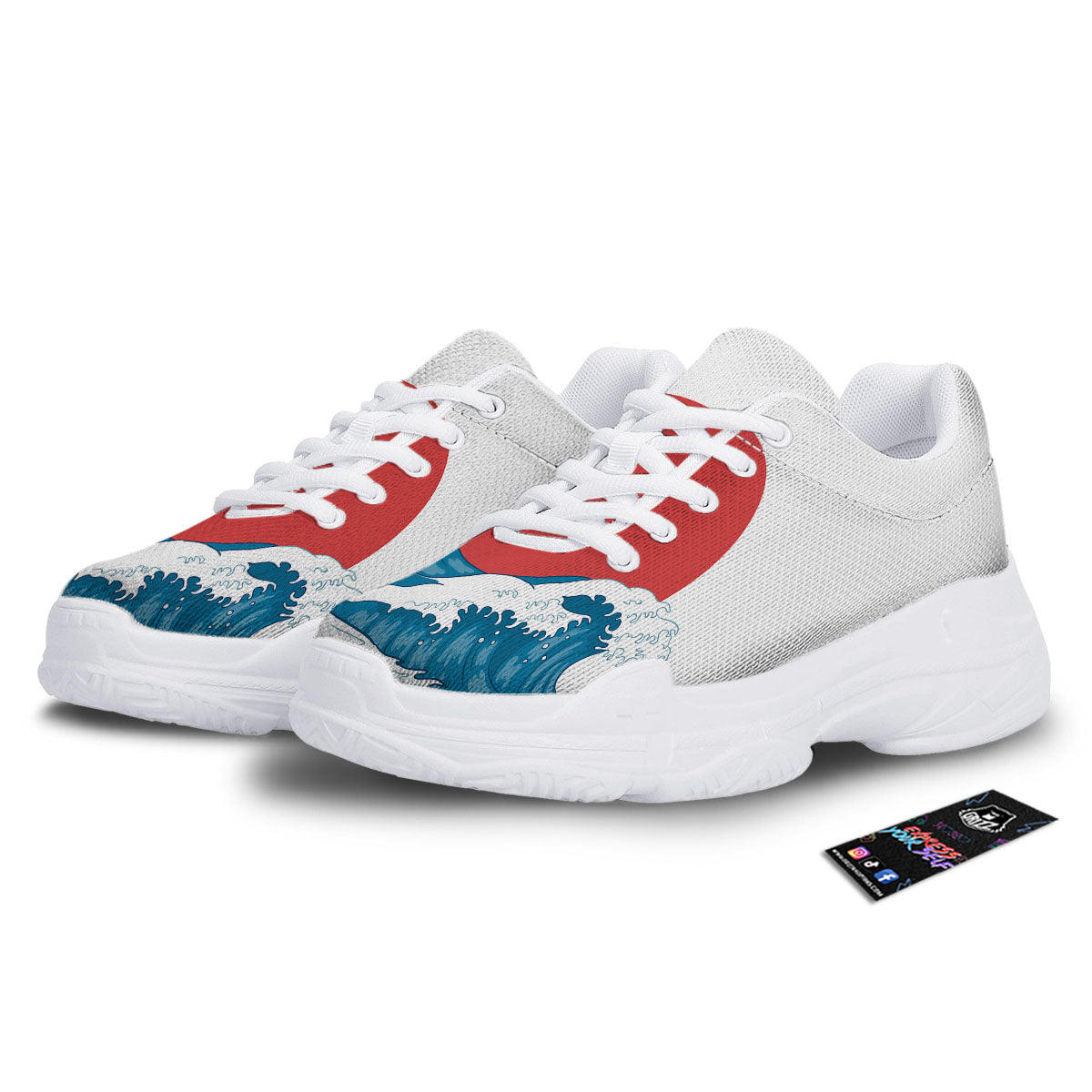 Japanese Wave And Vitage Sea Print White Chunky Shoes-grizzshop