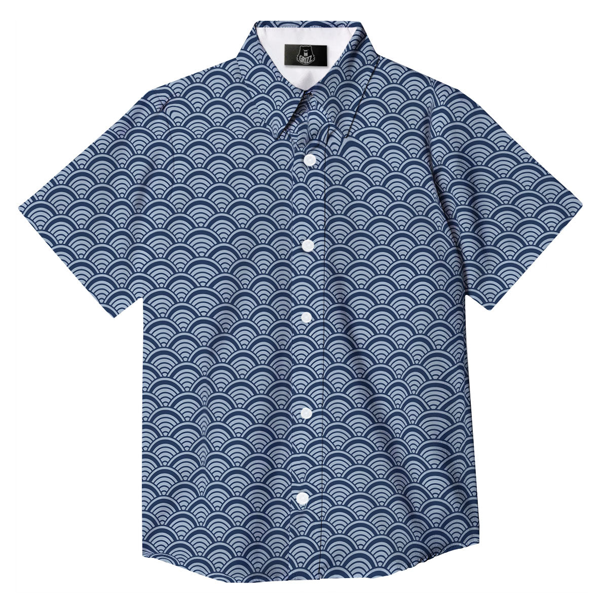 Japanese Wave Blue Print Pattern Button Up Shirt-grizzshop