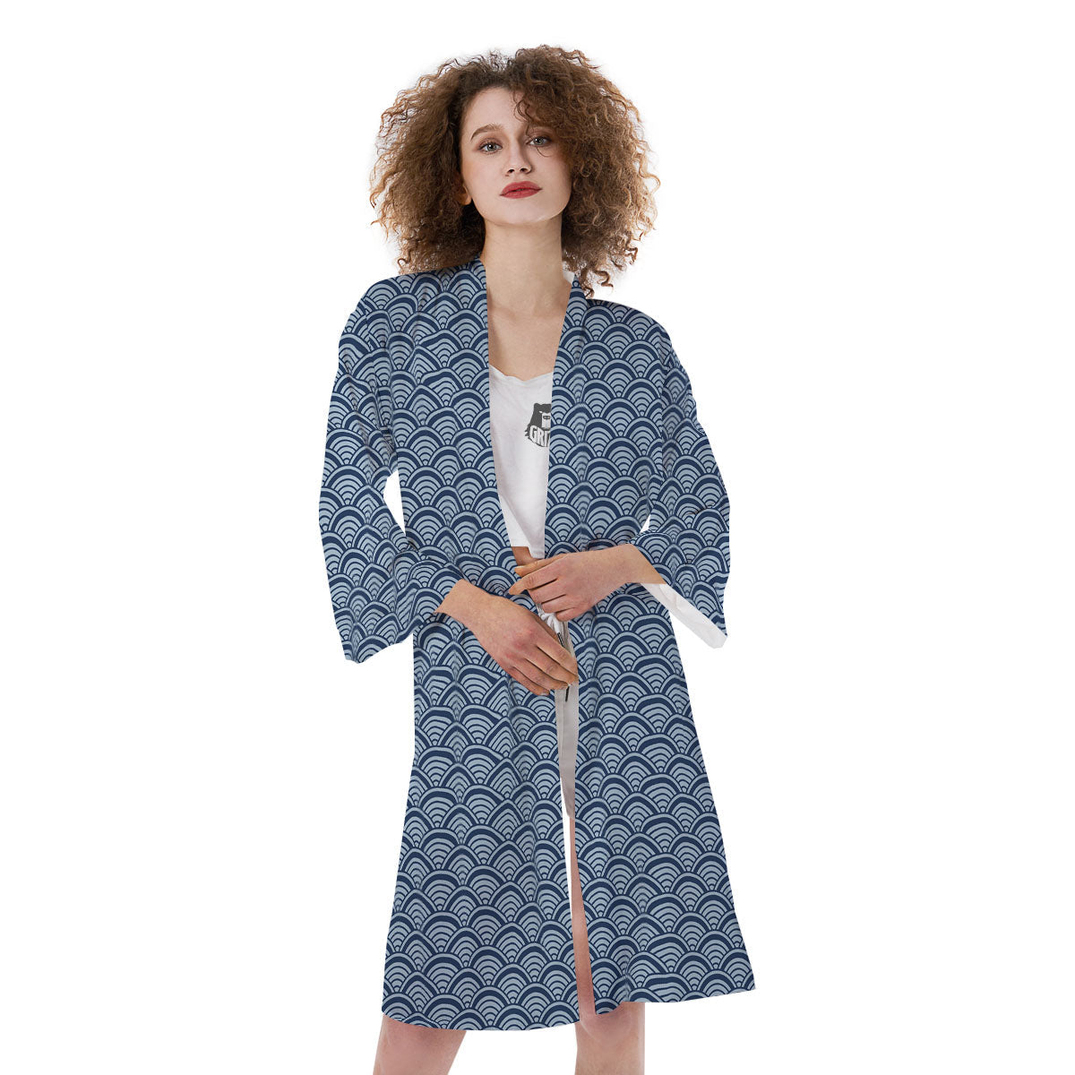 Japanese Wave Blue Print Pattern Kimono-grizzshop