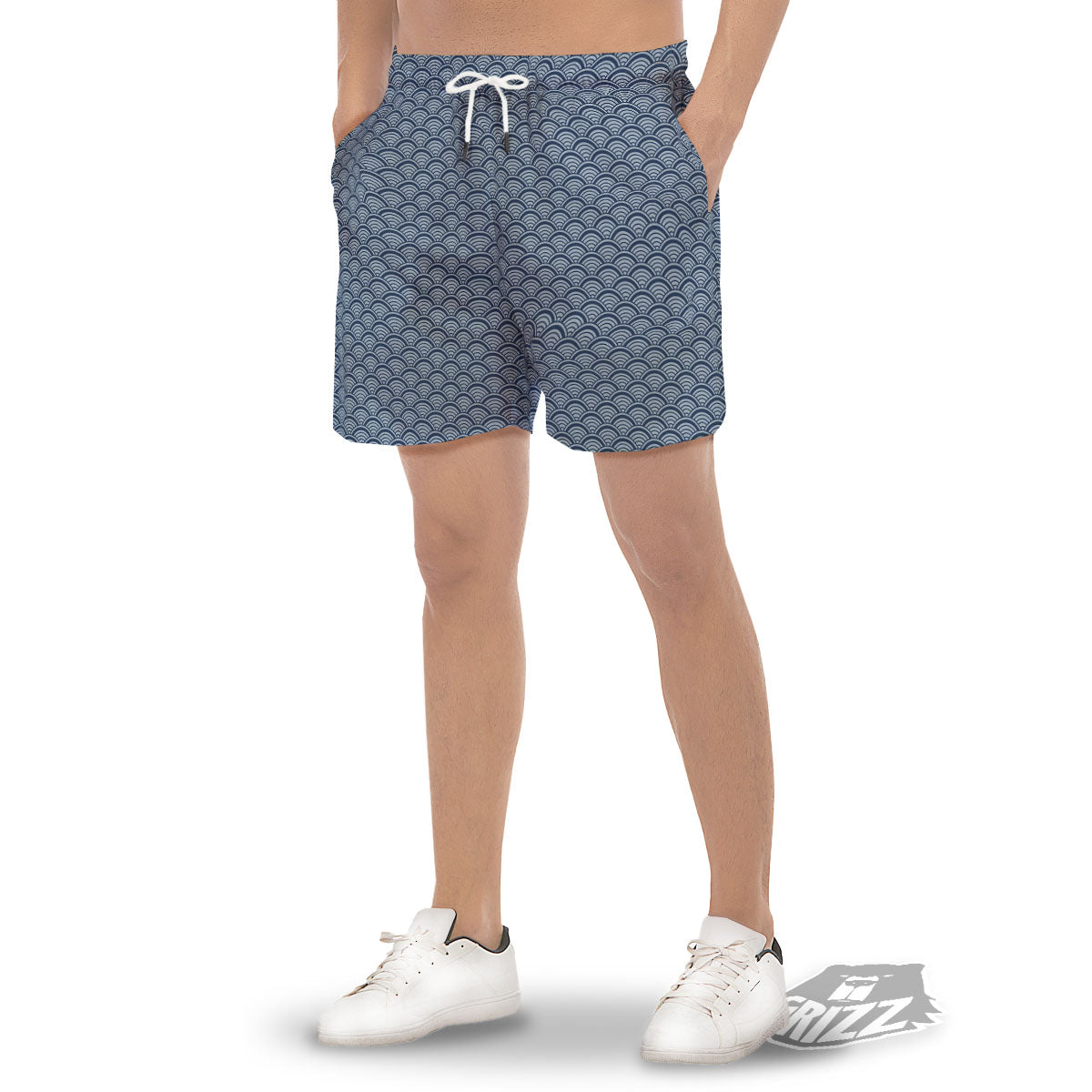 Japanese Wave Blue Print Pattern Men's Gym Shorts-grizzshop