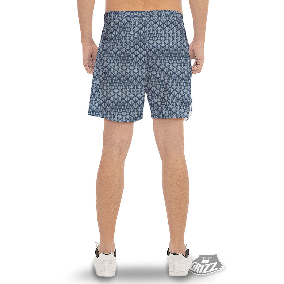 Japanese Wave Blue Print Pattern Men's Gym Shorts-grizzshop