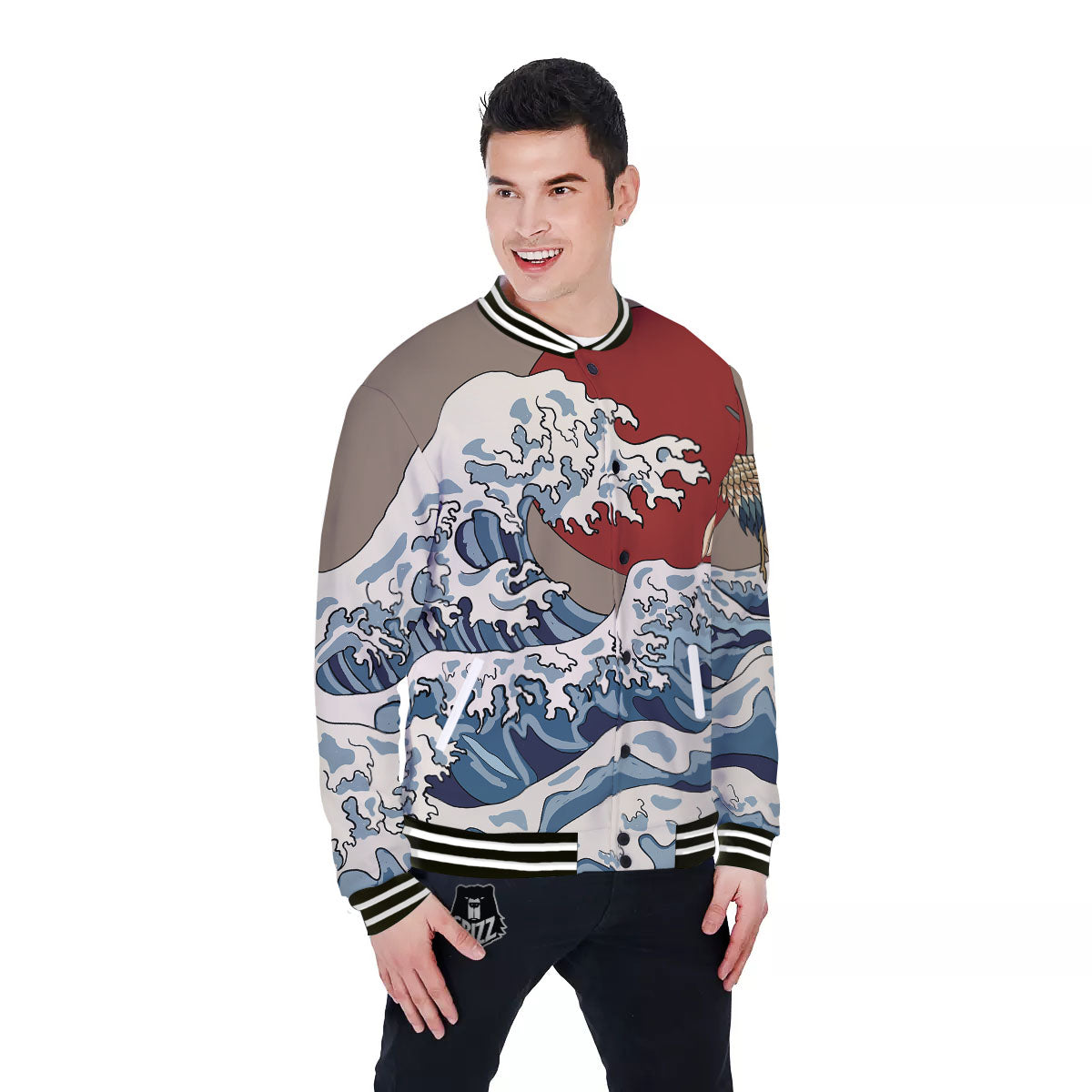 Japanese Wave Red Sun Print Baseball Jacket-grizzshop