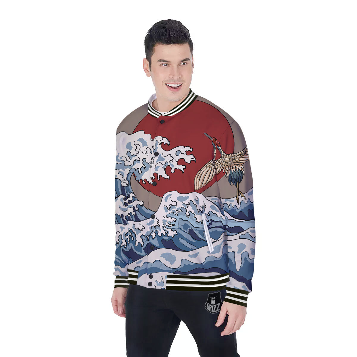 Japanese Wave Red Sun Print Baseball Jacket-grizzshop