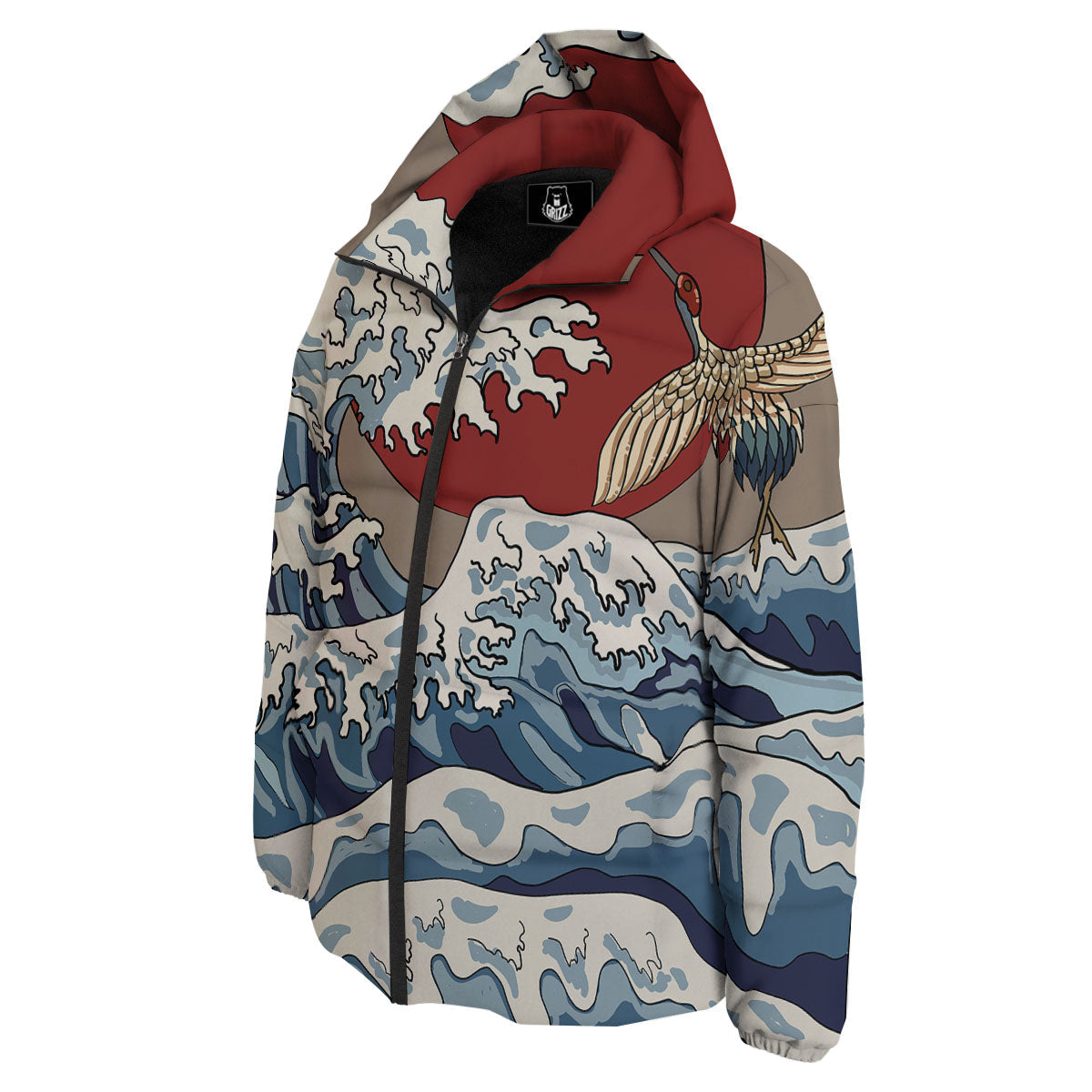 Japanese Wave Red Sun Print Down Jacket-grizzshop