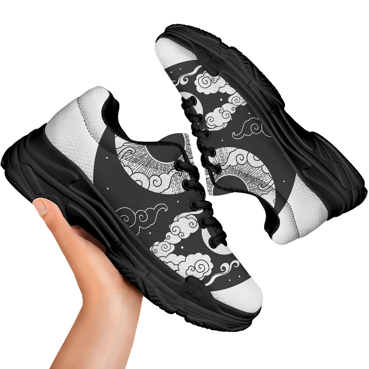 Japanese Yin Yang White And Black Print Black Chunky Shoes-grizzshop