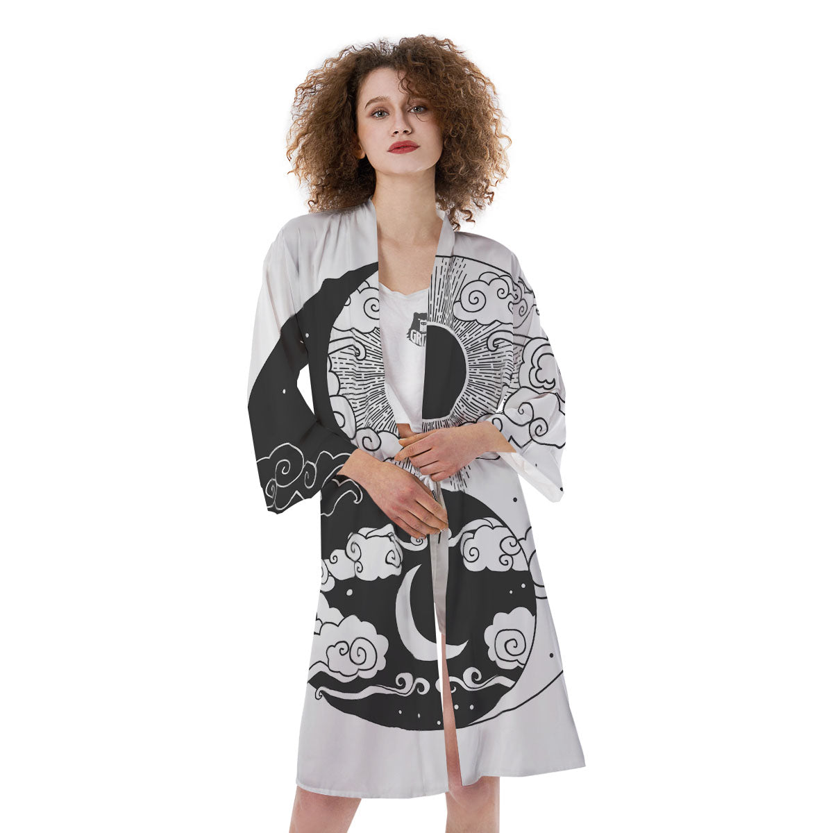 Japanese Yin Yang White And Black Print Kimono-grizzshop