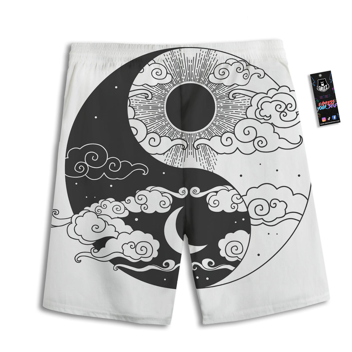Japanese Yin Yang White And Black Print Men's Athletic Shorts