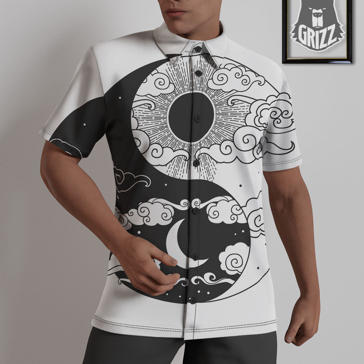 Japanese Yin Yang White And Black Print Untucked Shirts-grizzshop