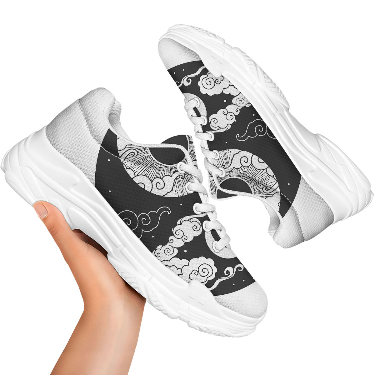 Japanese Yin Yang White And Black Print White Chunky Shoes-grizzshop