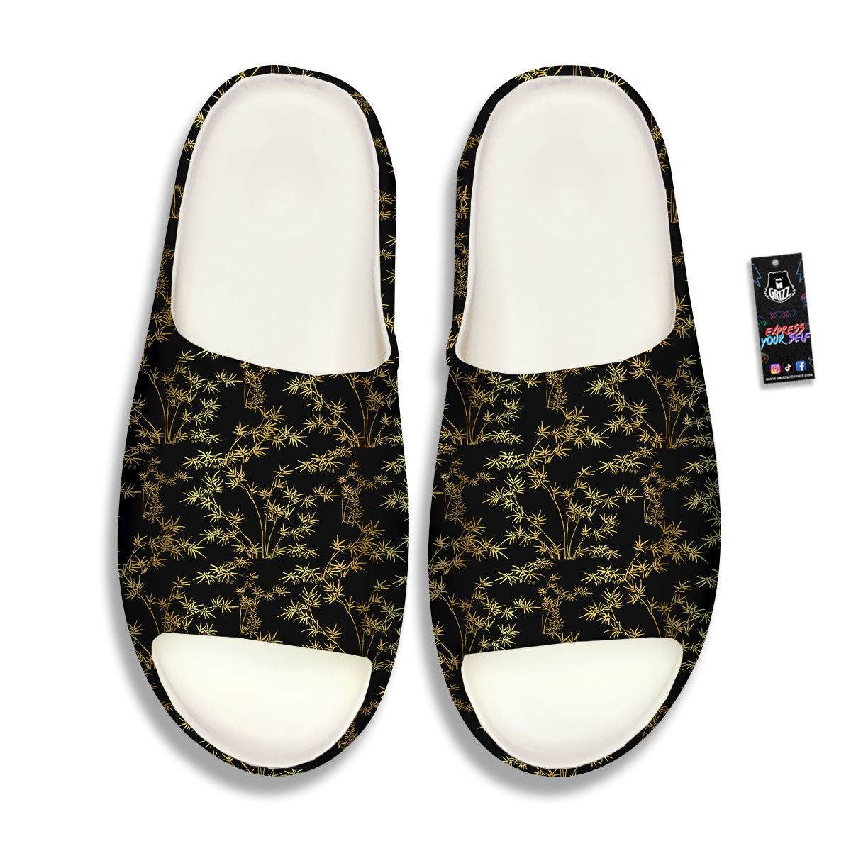 Japanese Bamboo Black And Gold Print Pattern Sandals-grizzshop