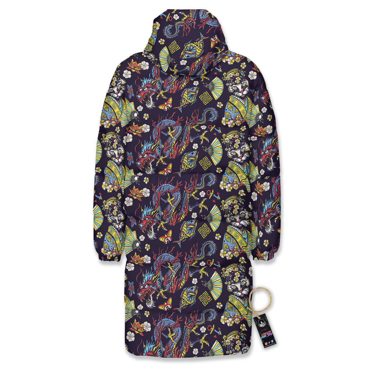 Japanese Dragons And Cat Tattoo Print Pattern Long Down Jacket