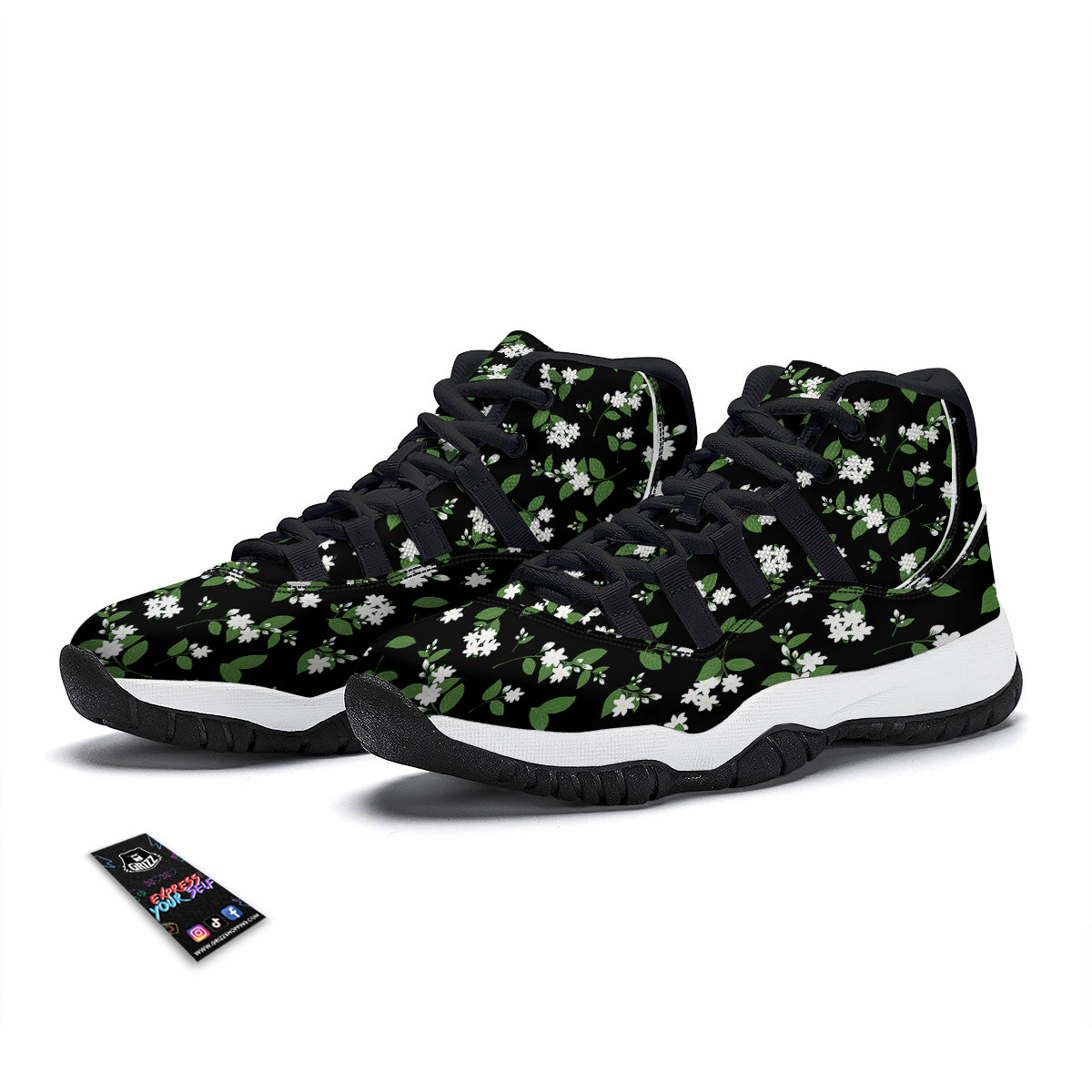 Jasmine And Leaf Green Black Print Pattern Black Bball Shoes-grizzshop