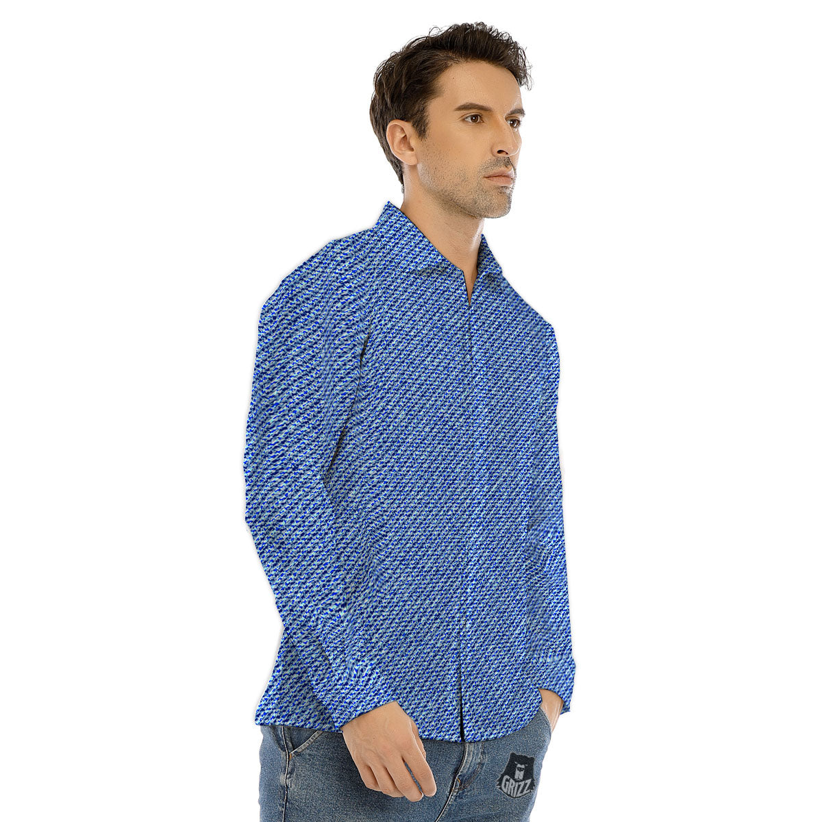 Jeans Blue Denim Print Pattern Men's Dress Shirts-grizzshop