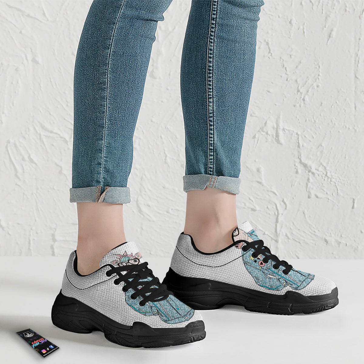 Jeans Cow Denim Print Black Chunky Shoes-grizzshop