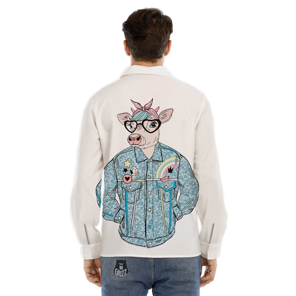 Jeans Cow Denim Print Men's Dress Shirts-grizzshop