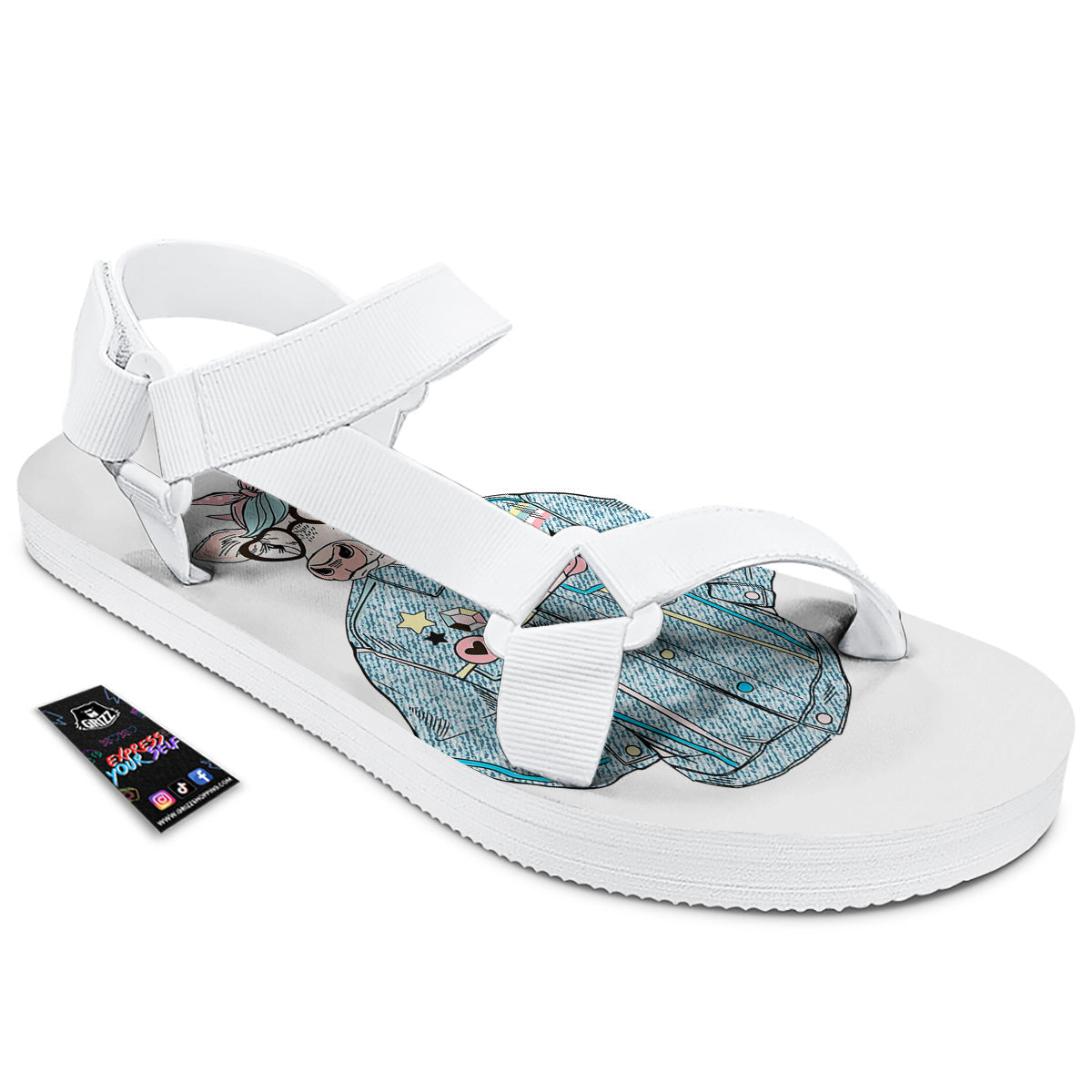 Jeans Cow Denim Print White Open Toe Sandals-grizzshop