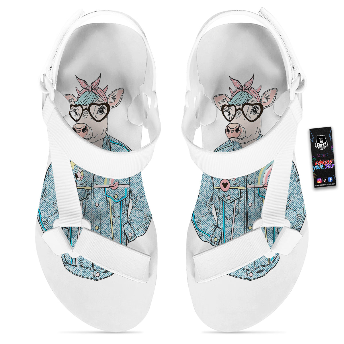 Jeans Cow Denim Print White Open Toe Sandals-grizzshop