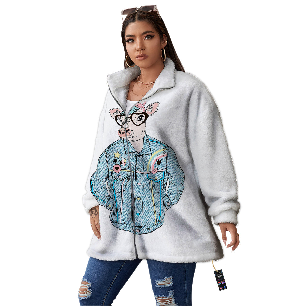 Jeans Cow Denim Print Women's Sherpa Jacket-grizzshop