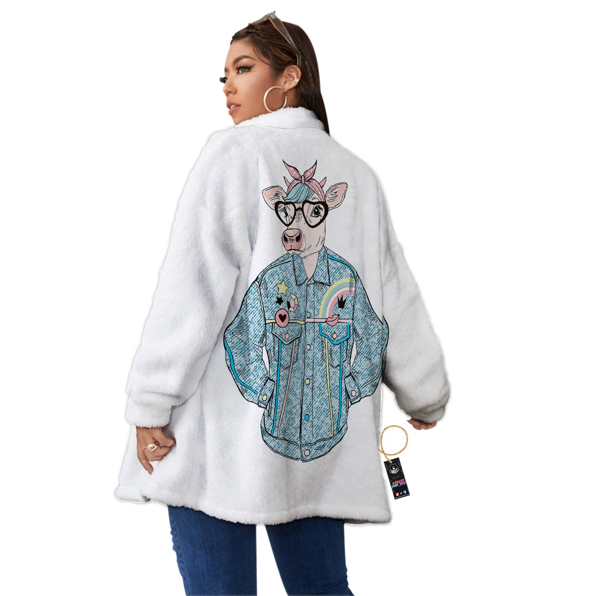 Jeans Cow Denim Print Women's Sherpa Jacket-grizzshop