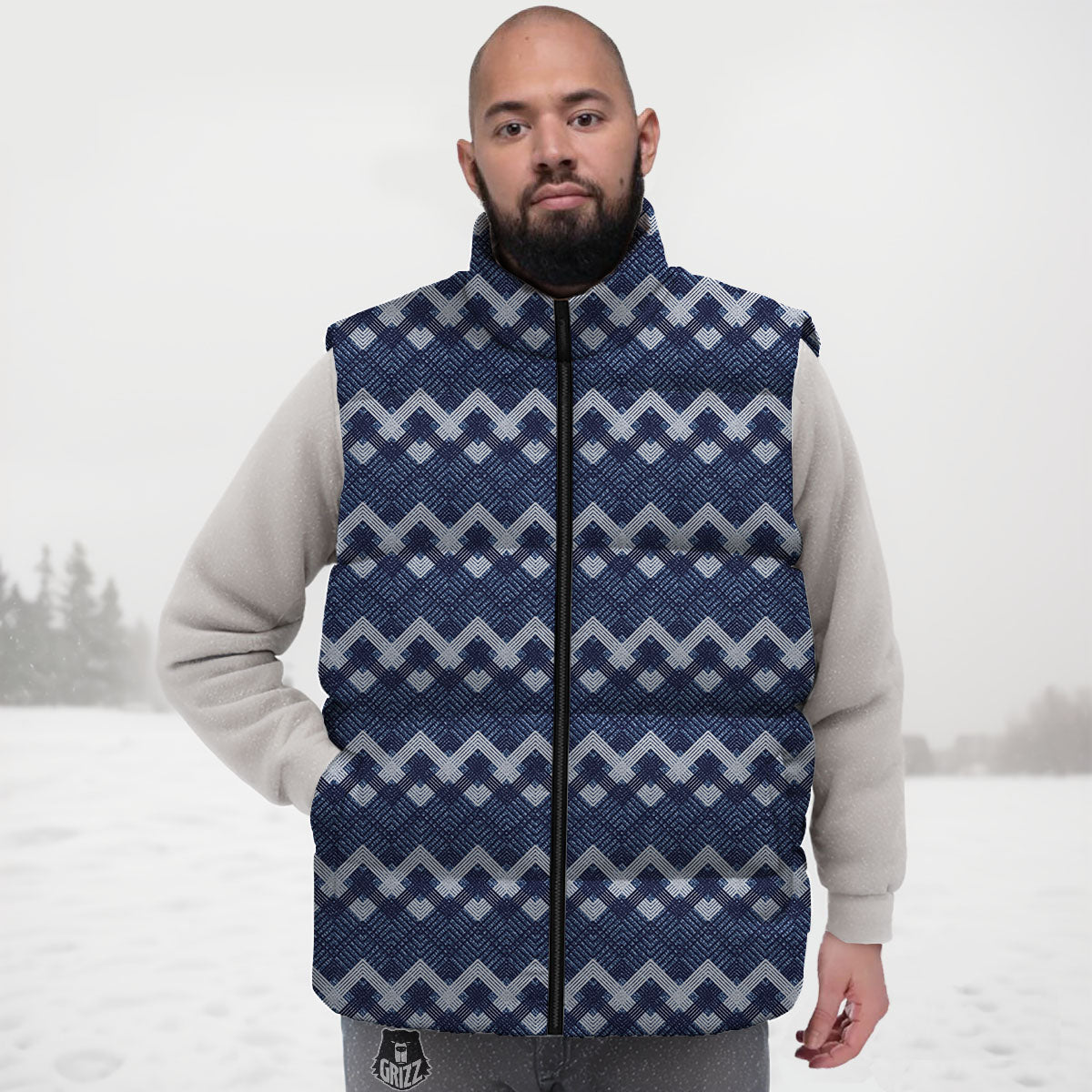 Jeans Geometric Denim Print Pattern Down Vest-grizzshop