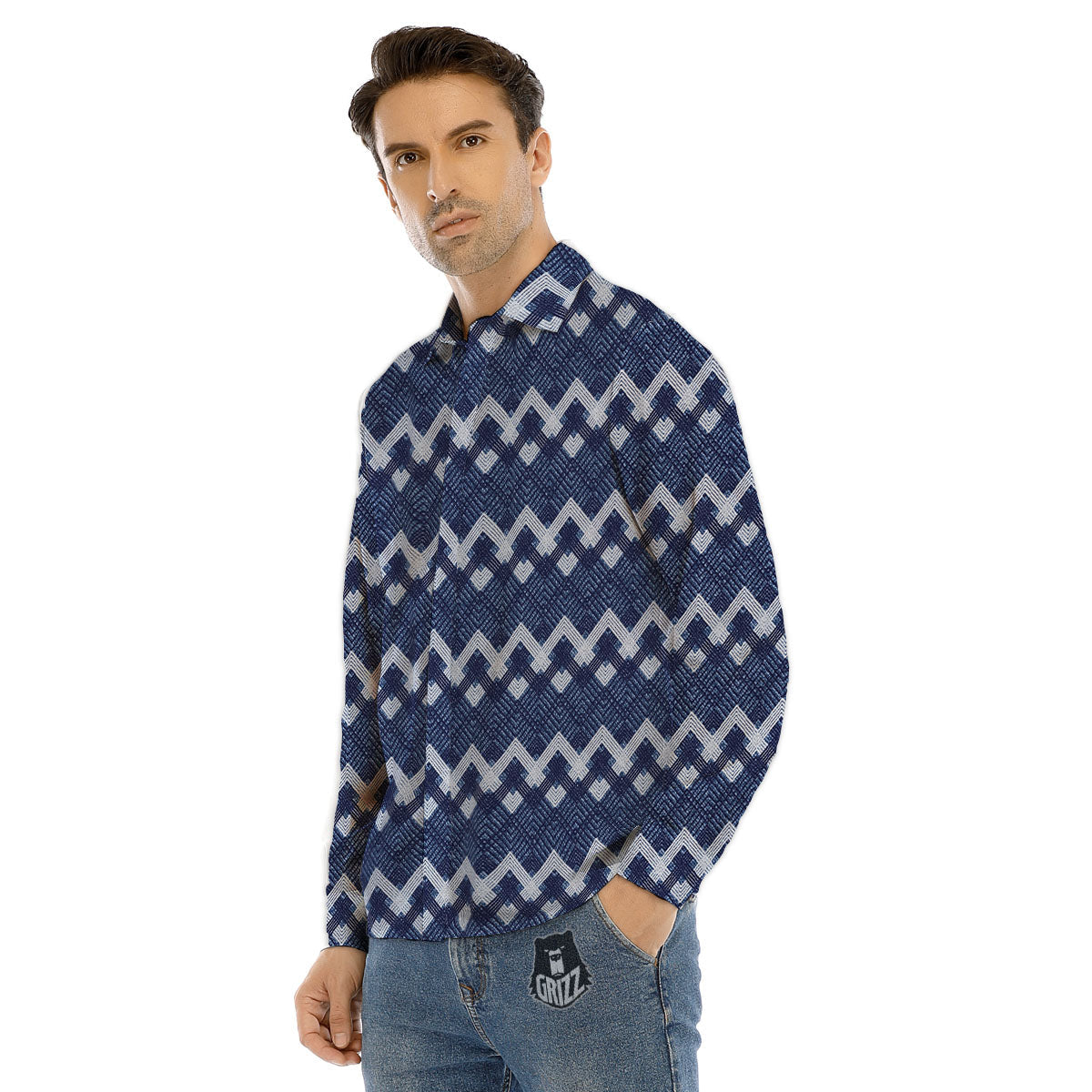 Jeans Geometric Denim Print Pattern Men's Dress Shirts-grizzshop