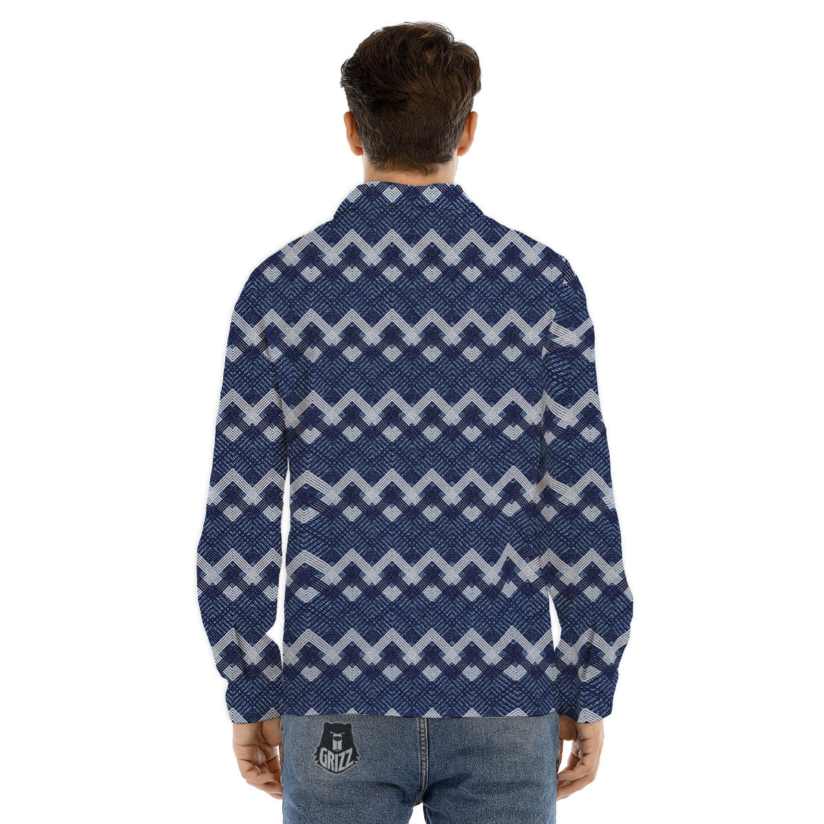 Jeans Geometric Denim Print Pattern Men's Dress Shirts-grizzshop