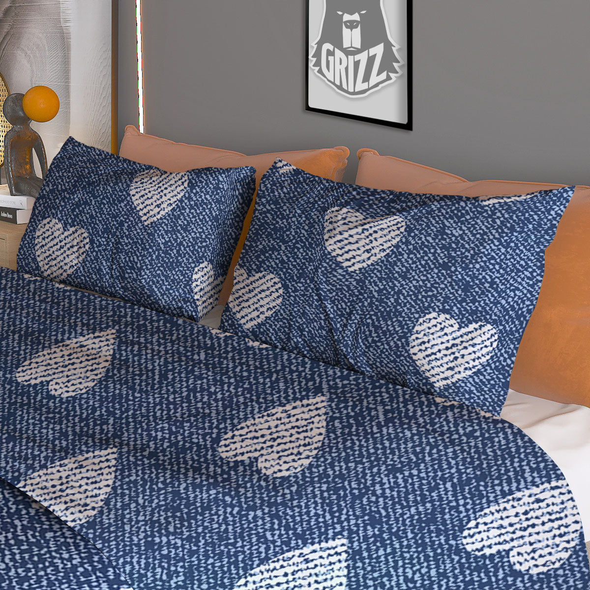Jeans Heart Denim Print Pattern Duvet Cover Bedding Set