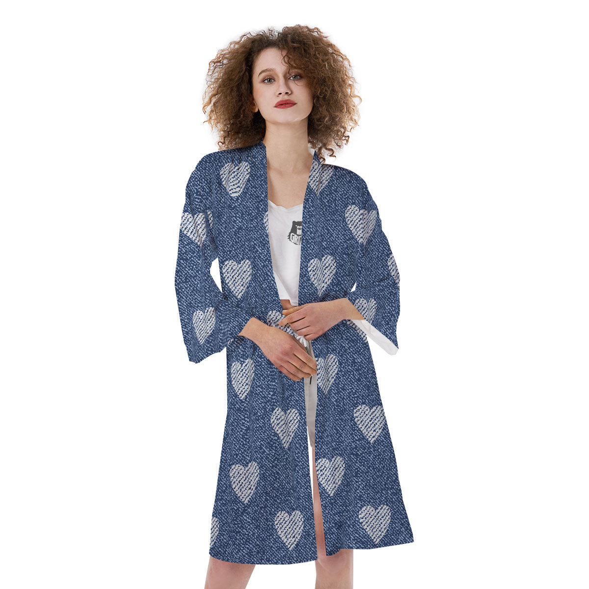 Jeans Heart Denim Print Pattern Kimono-grizzshop