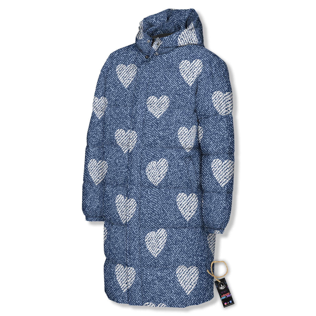 Jeans Heart Denim Print Pattern Long Down Jacket-grizzshop