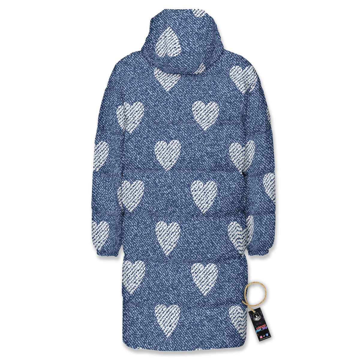 Jeans Heart Denim Print Pattern Long Down Jacket-grizzshop