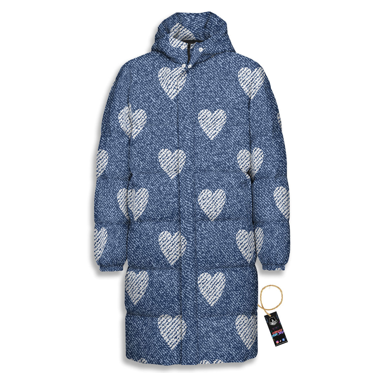 Jeans Heart Denim Print Pattern Long Down Jacket-grizzshop