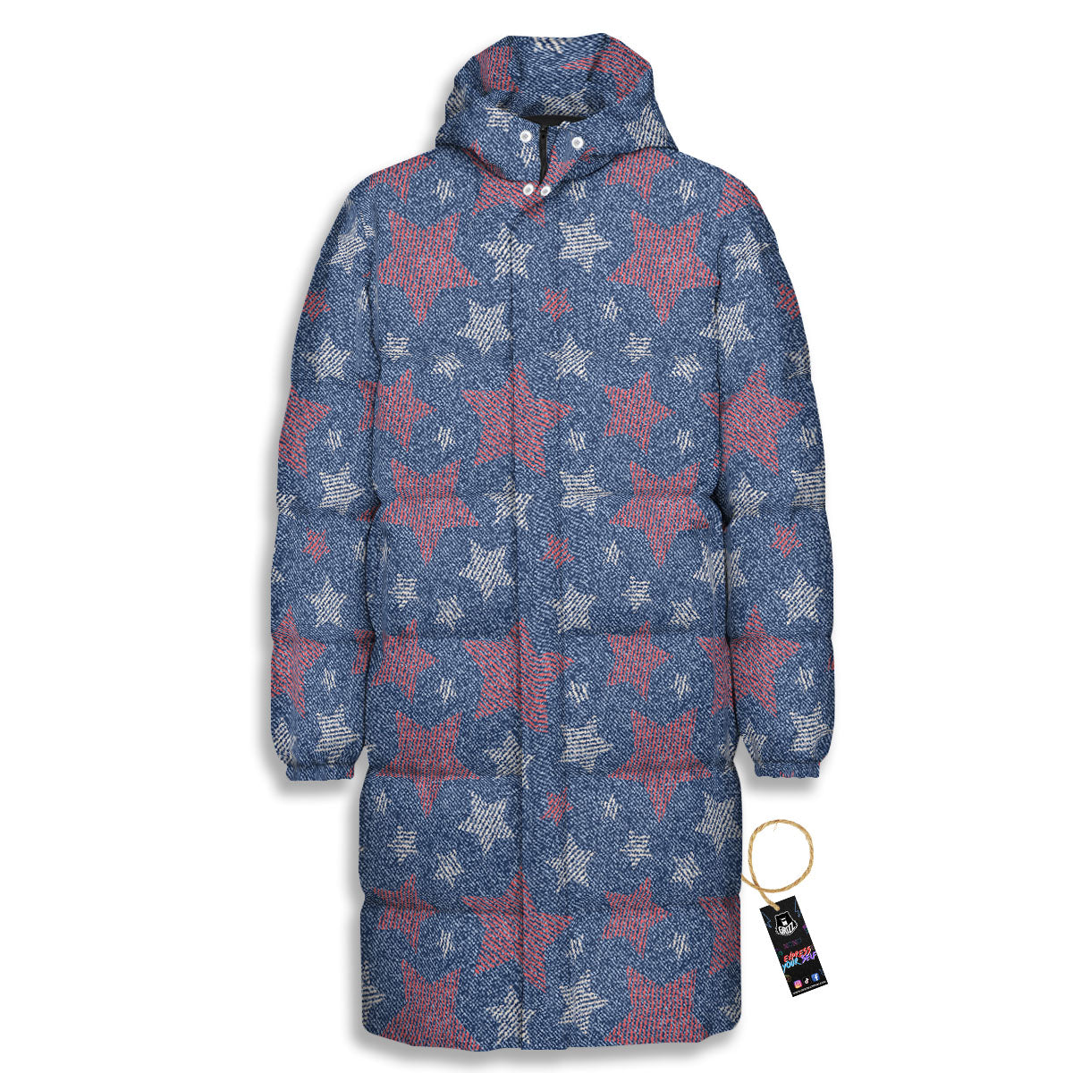 Jeans Star Denim Print Pattern Long Down Jacket-grizzshop