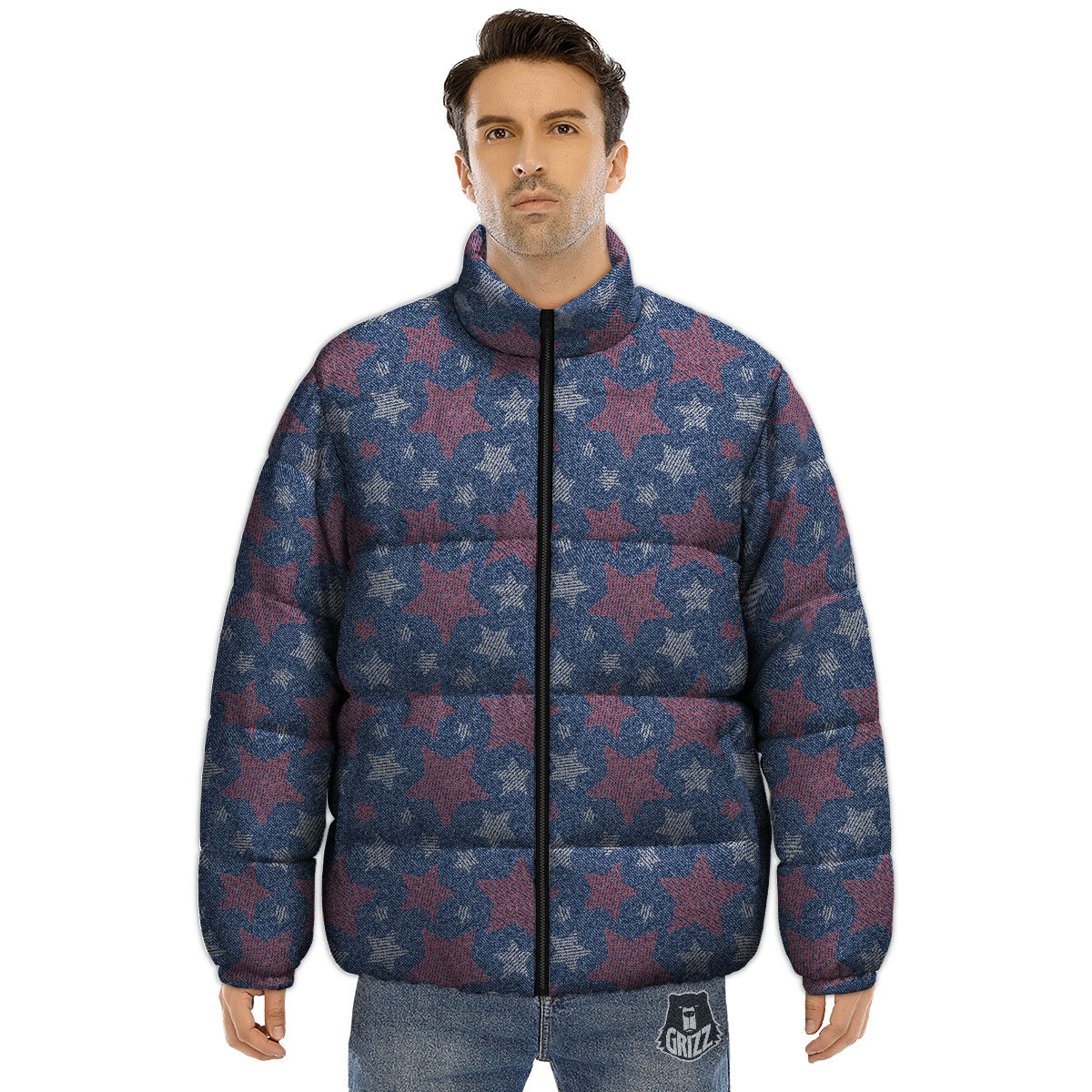 Jeans Star Denim Print Pattern Puffer Jacket-grizzshop