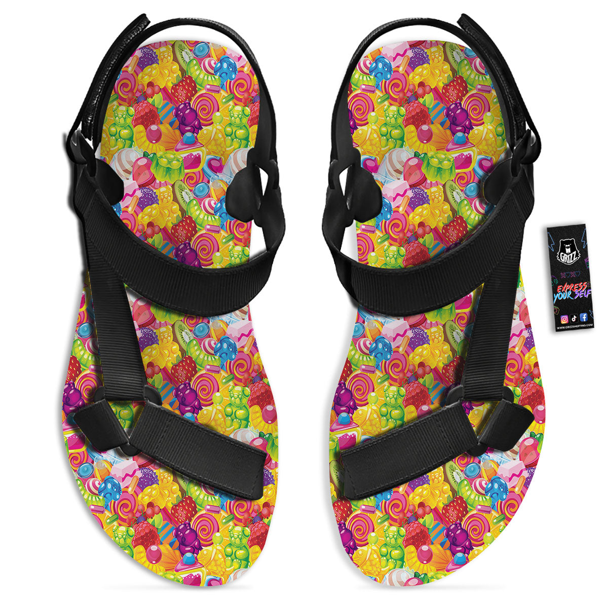 Jelly And Candy Print Pattern Black Open Toe Sandals-grizzshop