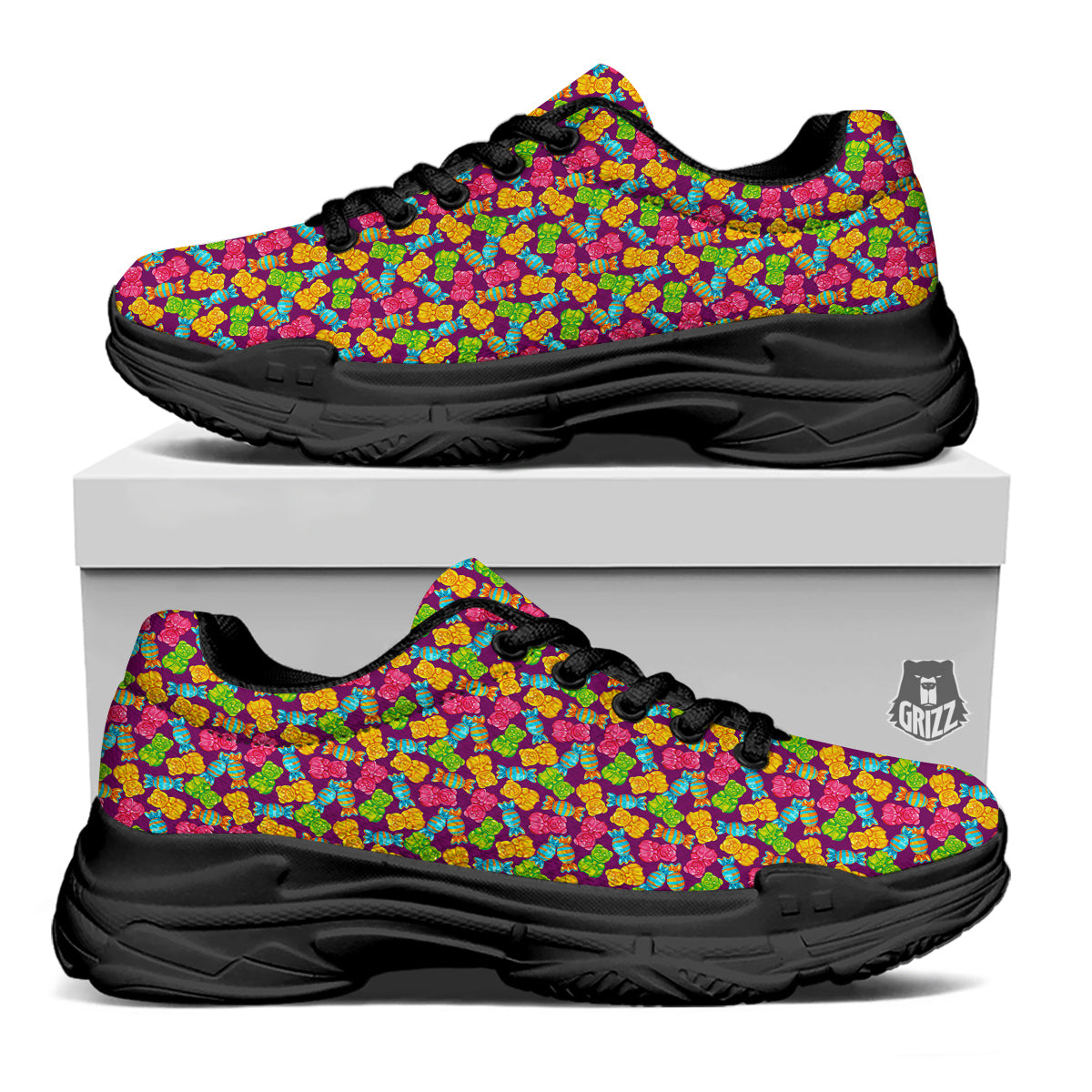 Jelly And Colorful Candy Print Black Chunky Shoes-grizzshop