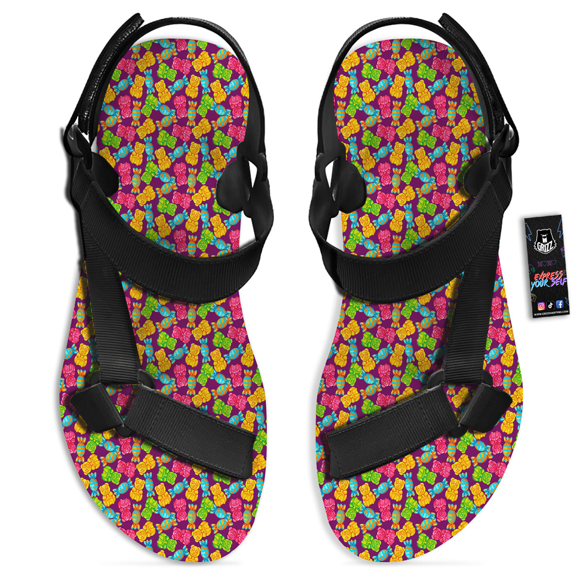 Jelly And Colorful Candy Print Black Open Toe Sandals-grizzshop
