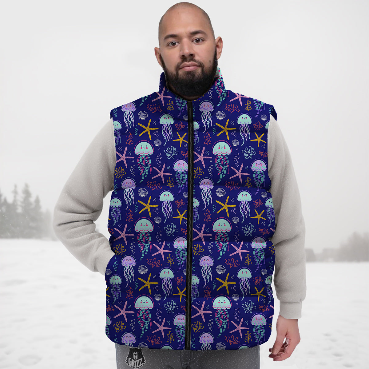Jellyfish Cute Print Pattern Down Vest-grizzshop