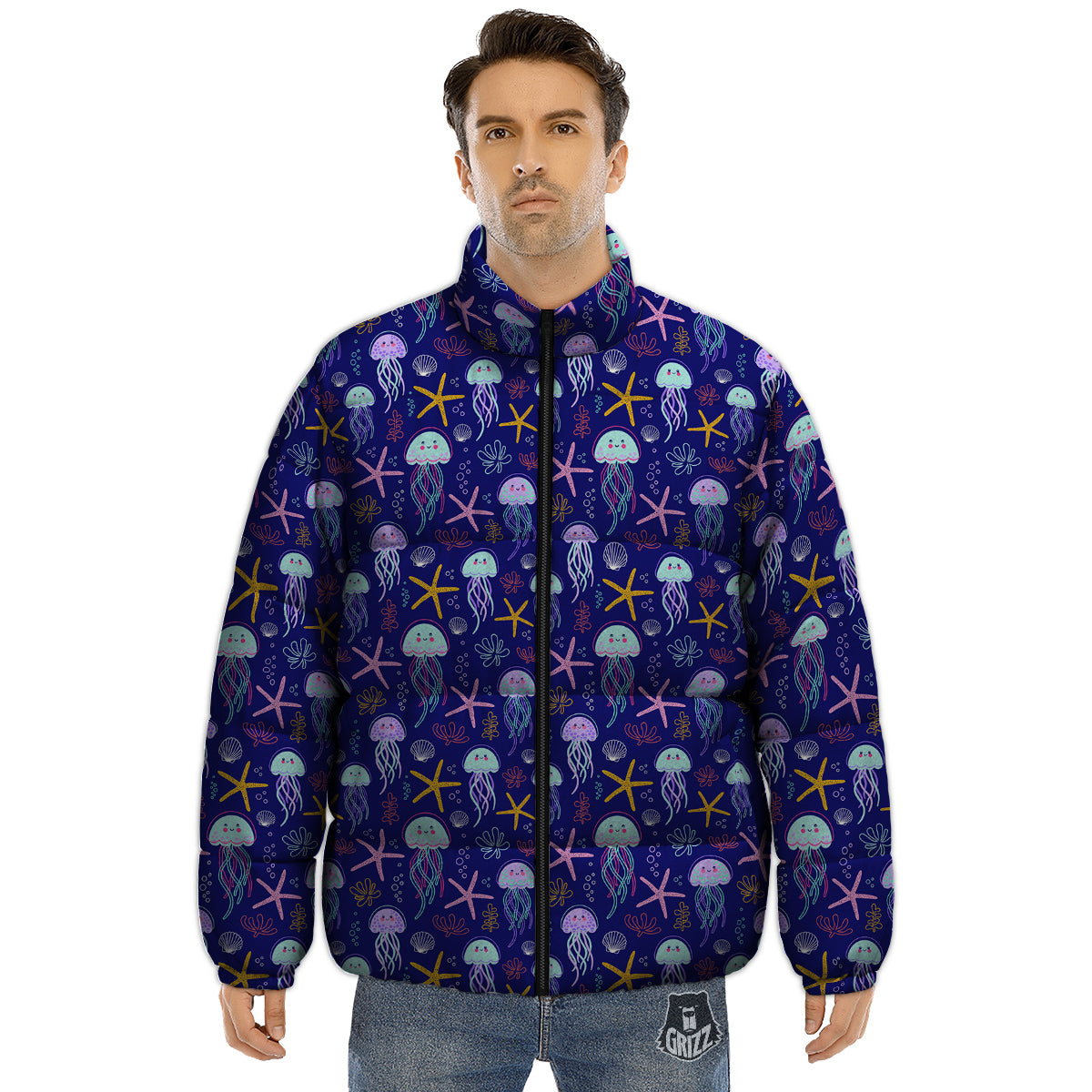Jellyfish Cute Print Pattern Puffer Jacket-grizzshop
