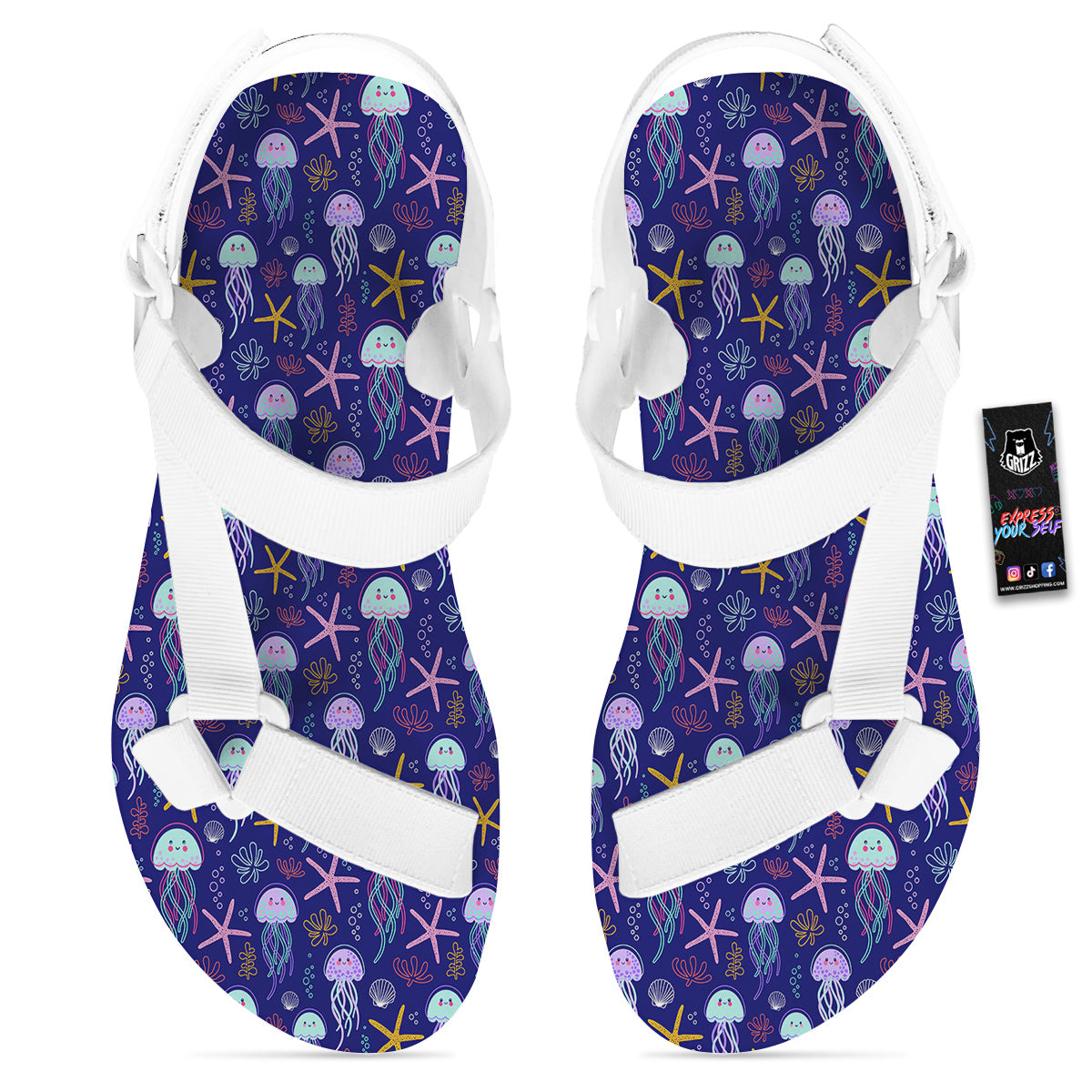 Jellyfish Cute Print Pattern White Open Toe Sandals-grizzshop