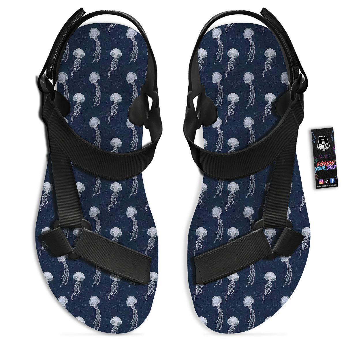 Jellyfish Fish Print Pattern Black Open Toe Sandals-grizzshop