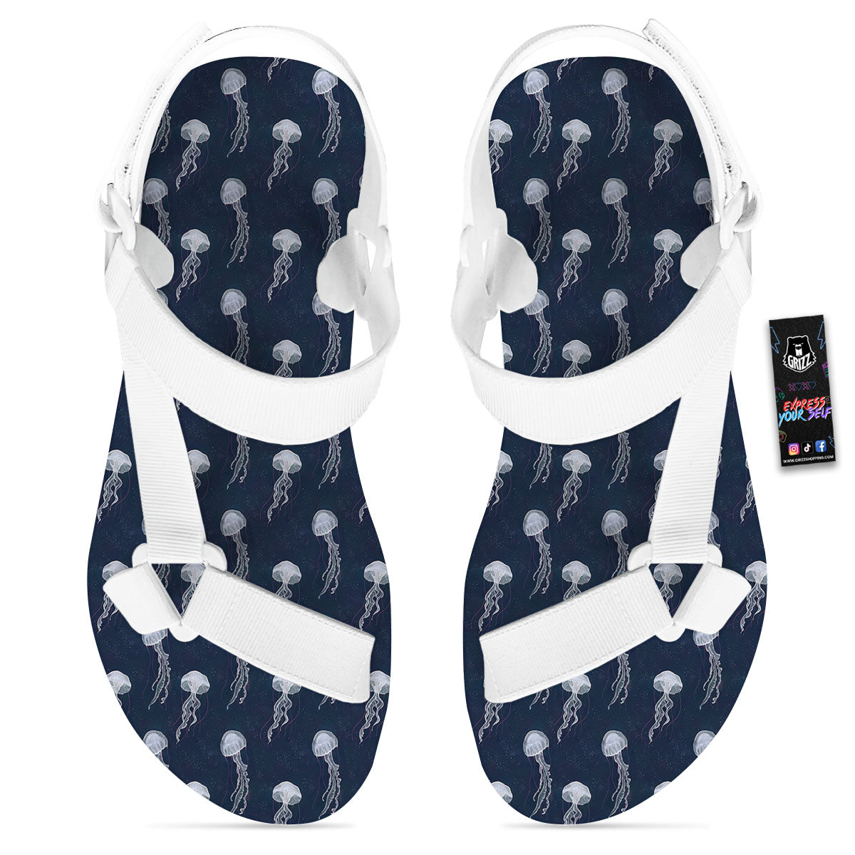 Jellyfish Fish Print Pattern White Open Toe Sandals-grizzshop
