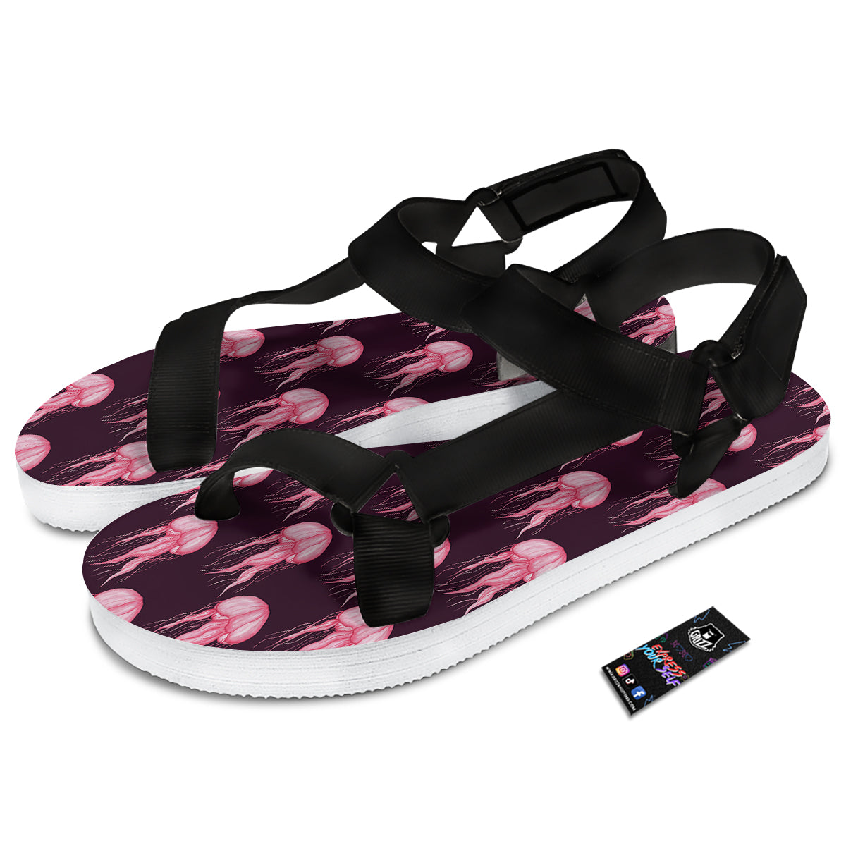Jellyfish Watercolor Print Pattern Black Open Toe Sandals-grizzshop