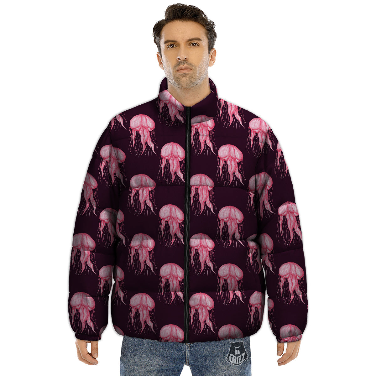 Jellyfish Watercolor Print Pattern Puffer Jacket-grizzshop
